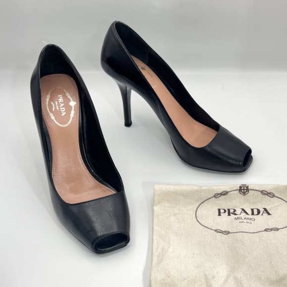 Prada Peep Toe Leather Pump High Heels Black Women 39 Career Work Causal - Picture 1 of 9